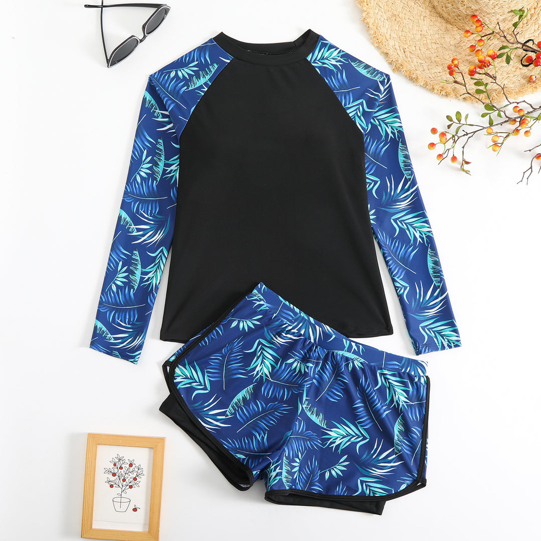Damen Sportlicher Langarm Rashguard mit buntem Blattdesign Drune