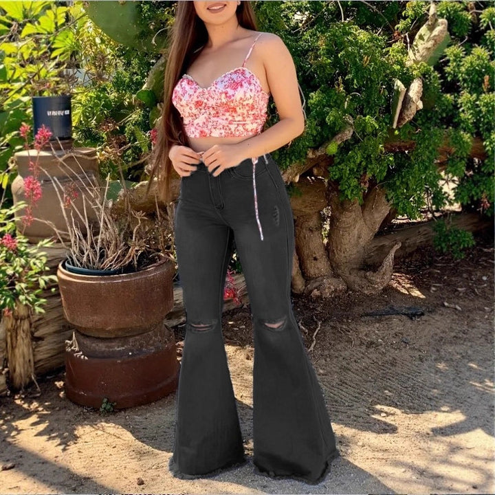 Damen Hochtaillierte Schlaghose-Jeans mit ausgestelltem Bein, Knie-Rissen und figurformendem Stretchbund Drune