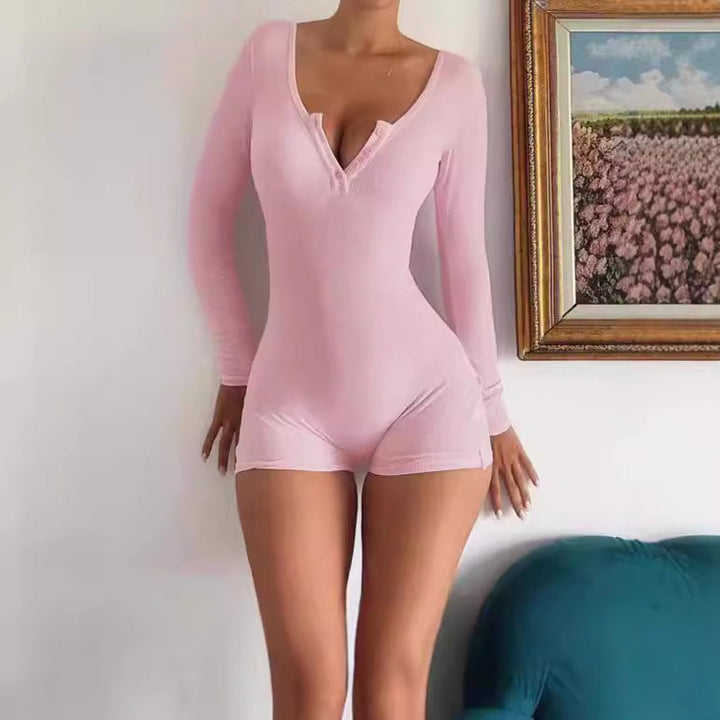 Damen Körperbetonter Langarm-Jumpsuit mit feinen Rippdetails Drune