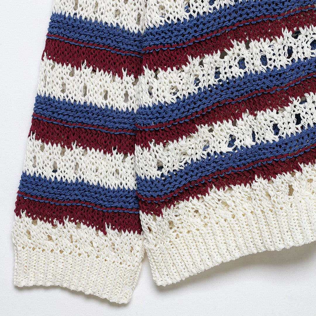 Damen Gehäkelter Cropped-Strickcardigan mit Lochstrick, Kontraststreifen und Perlmuttknöpfen Drune