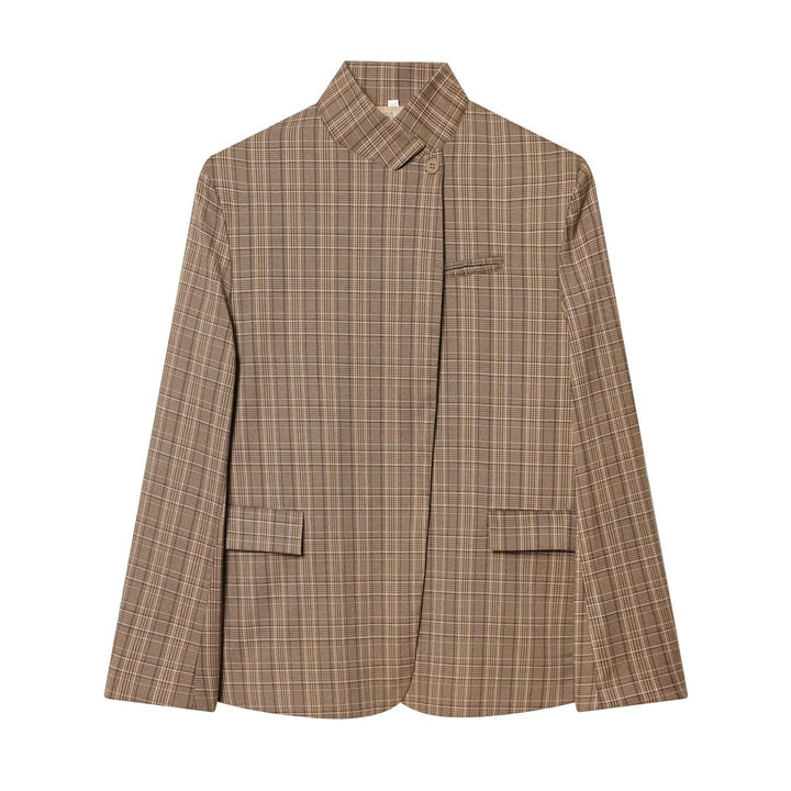 Damen Taillierter karierter Blazer mit Stehkragen und verdeckter Knopfleiste Drune