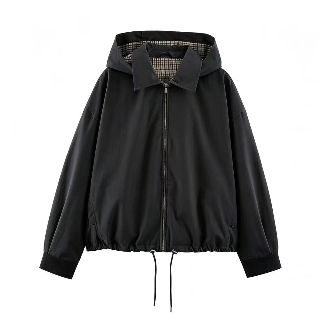 Damen Leichte Kapuzenjacke im Cropped-Oversize-Schnitt mit Tunnelzugsaum und verdecktem Reißverschluss Drune