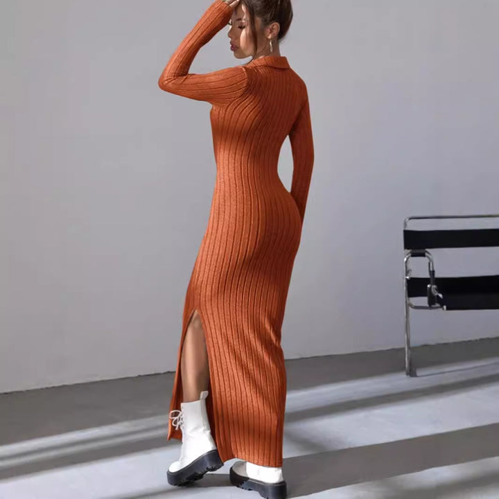 Damen Langärmliges Rippkleid mit Slit und Kragen Drune