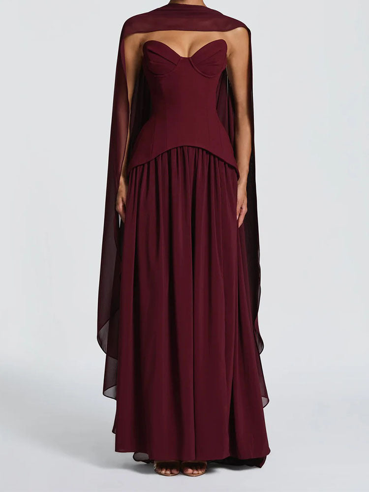 Damen Elegantes Maxikleid mit Abnehmbarem Cape Drune