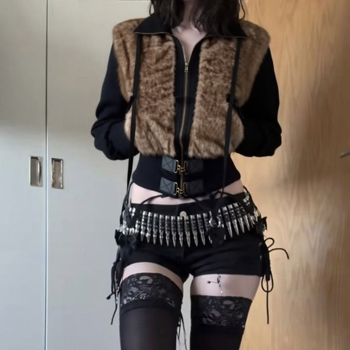 Damen Kurzjacke mit Kunstfellfront, hohem Stehkragen und tailliertem Rippbund Drune