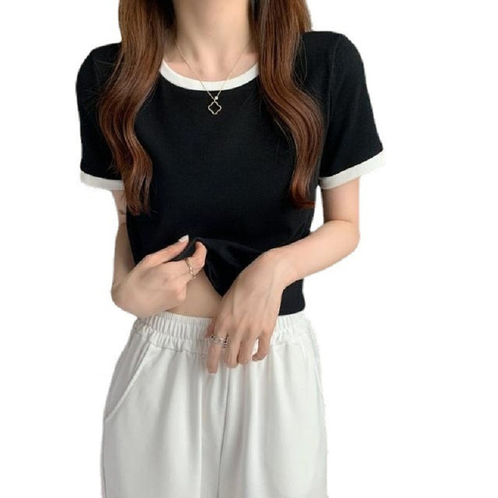 Damen Kurzarm T-Shirt mit kontrastierenden Abschlüssen und leichtem Baumwollstoff