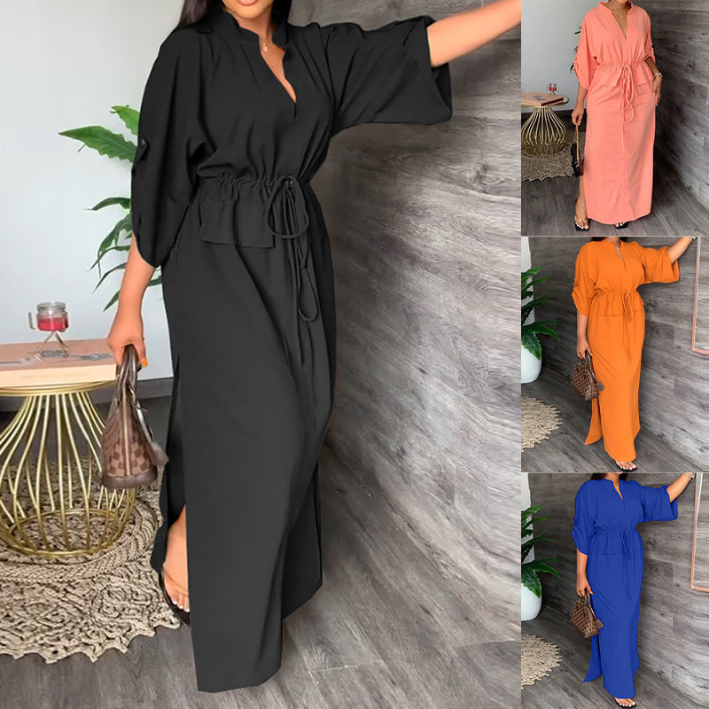 Damen Lässiges Maxikleid mit Gürtel und weiten Ärmeln Drune