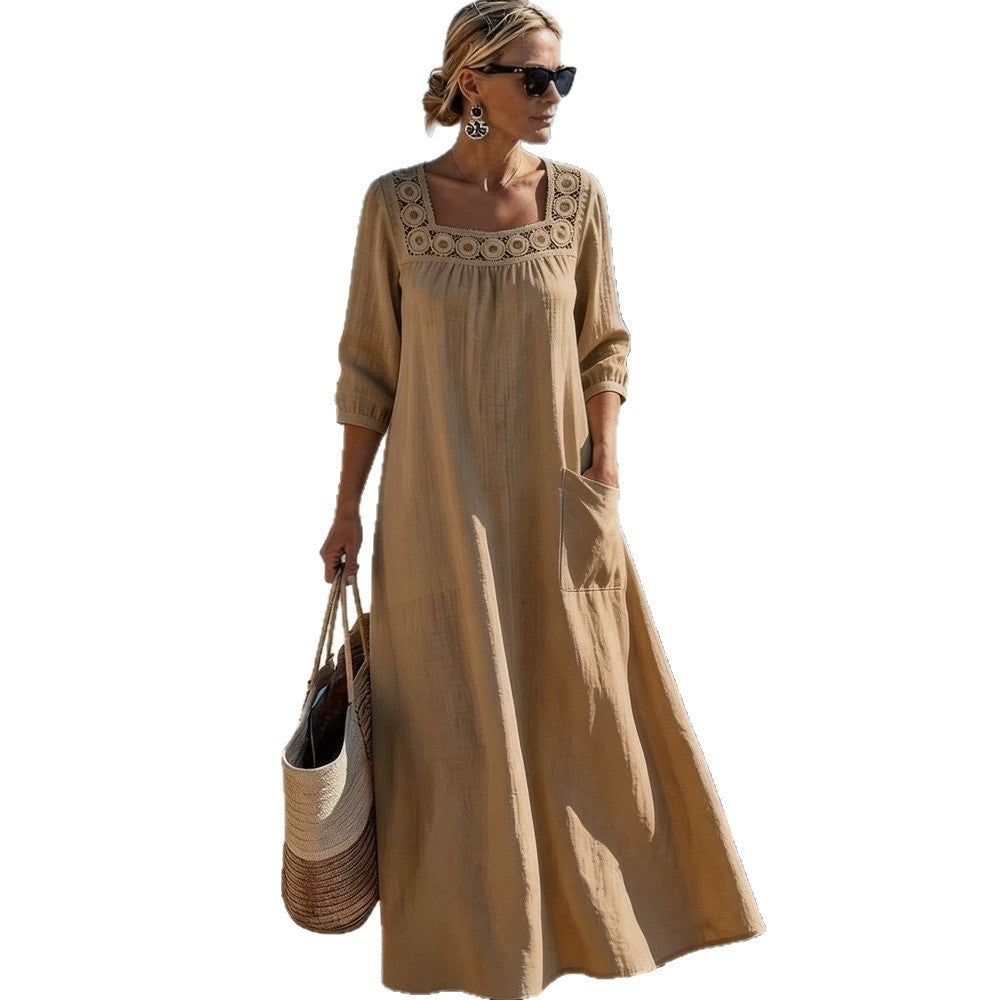 Damen Maxikleid mit gehäkeltem Quadrat-Ausschnitt, dreiviertel Ärmeln und Eingrifftasche Drune