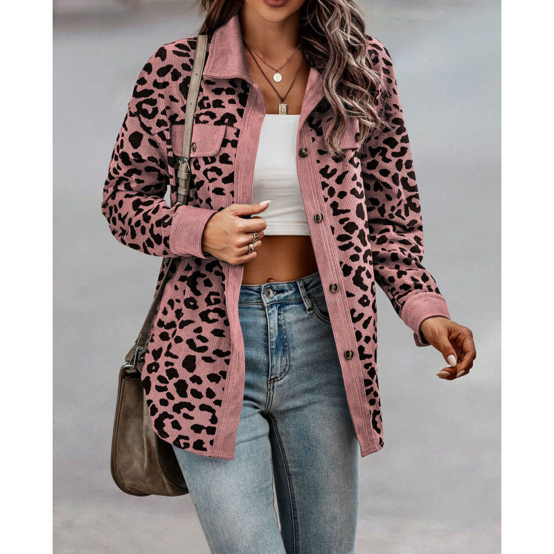 Damen tierisches Print-Langarm-Hemdjacke mit aufgesetzten Taschen Drune