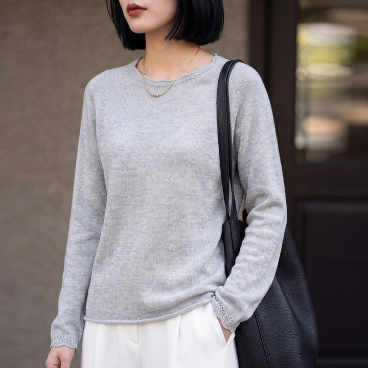 Damen leichter Feinstrickpullover mit dezenter Glitzeroptik und Raglanärmeln Drune