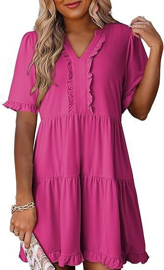 Damen nan leichtes Swingkleid mit V-Ausschnitt, gestufter Rockpartie und zarten Volants Drune