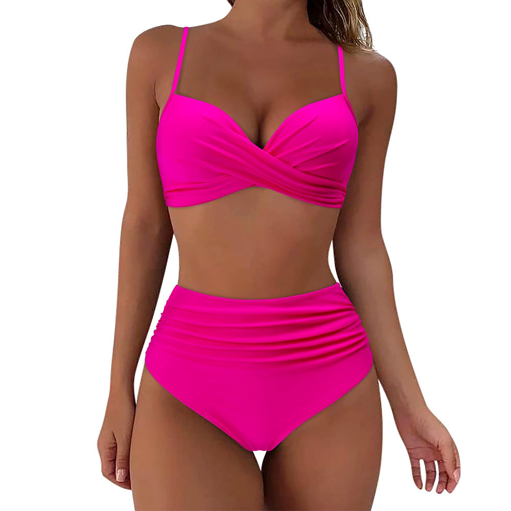 Damen Hochtailliertes Bikini-Set mit floralem Oberteil und gerafftem Höschen Drune