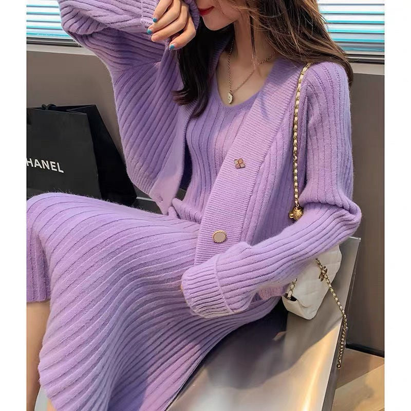 Damen kuscheliges Strickensemble mit V-Ausschnitt und modischem Knopfdetail Drune
