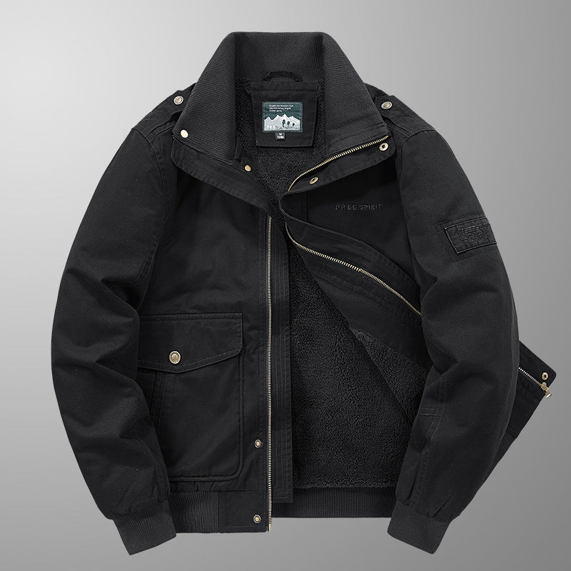 Herren Thermo-Canvasblouson mit durchgehendem Teddyfutter, Rippkragen und Utility‑Pattentaschen Drune