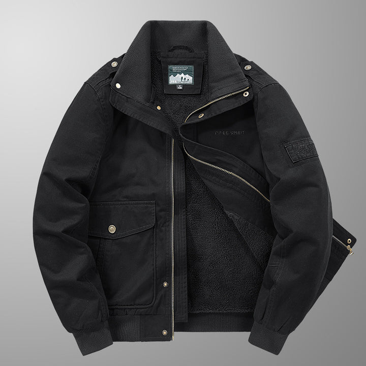 Herren Thermo-Canvasblouson mit durchgehendem Teddyfutter, Rippkragen und Utility‑Pattentaschen Drune