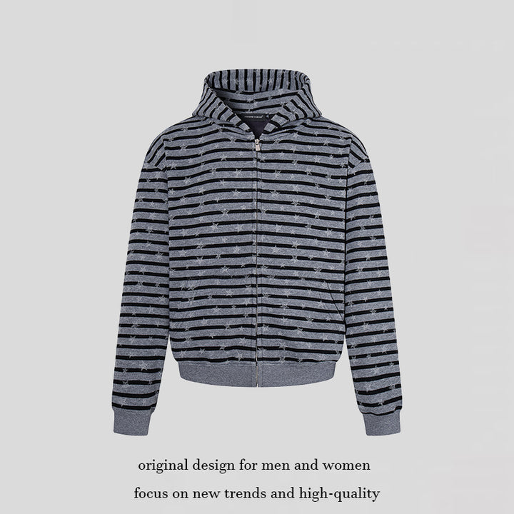 Damen Legere Kapuzen-Zipjacke im Streifenjacquard mit Sternchenstruktur Drune