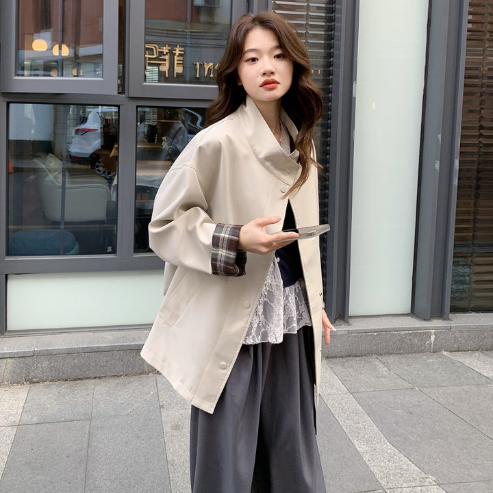 Damen Oversized Kurzmantel mit Stehkragen und kariertem Ärmelfutter Drune