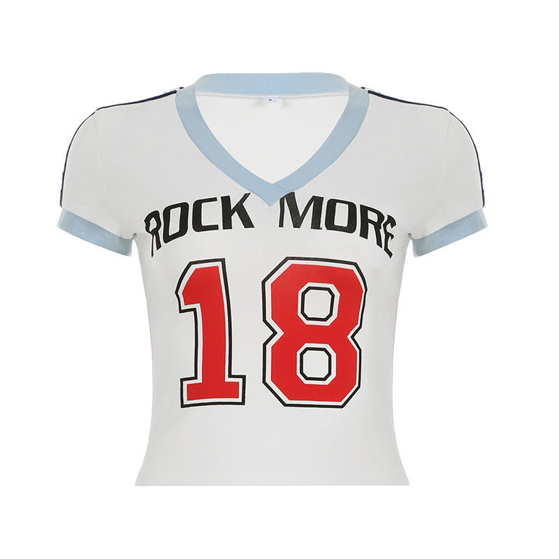 Damen modisches V-Ausschnitt T-Shirt mit dekorativem Schriftzug Drune