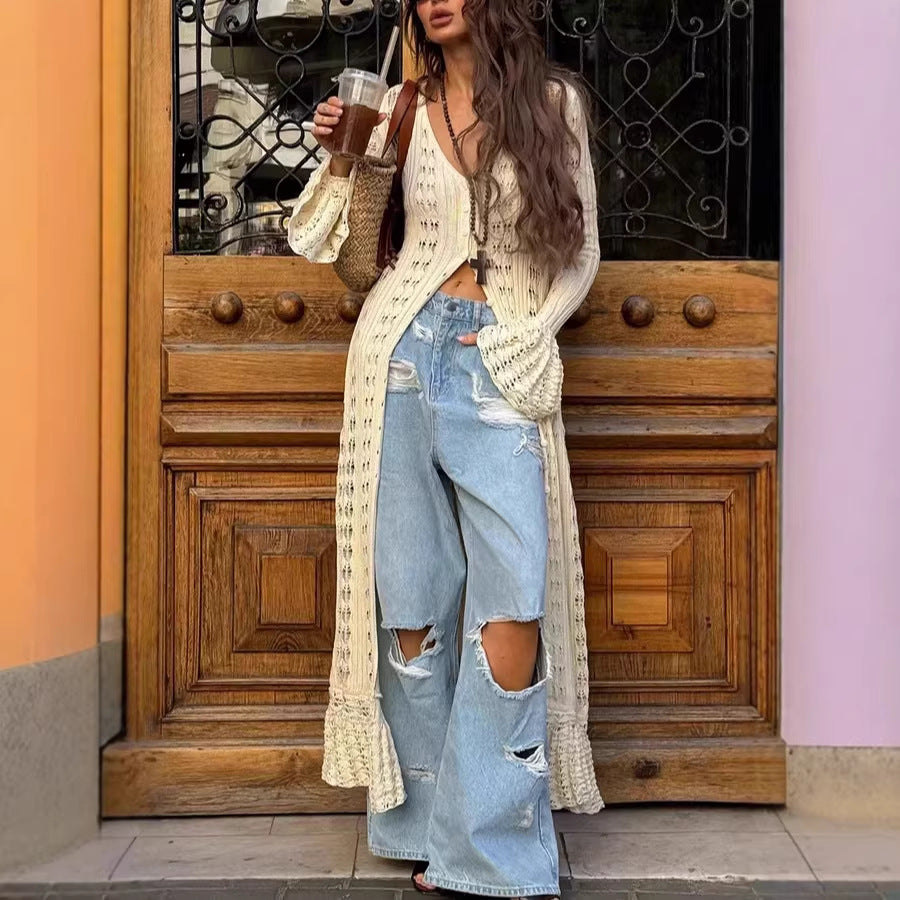 Damen Langer Häkelstrick-Cardigan mit Glockenärmeln und Offener Front Drune
