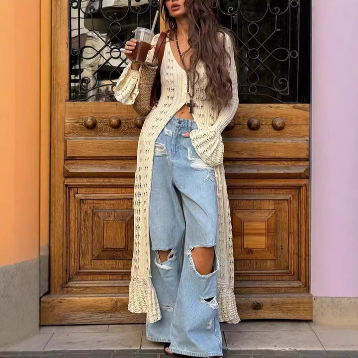 Damen Langer Häkelstrick-Cardigan mit Glockenärmeln und Offener Front Drune
