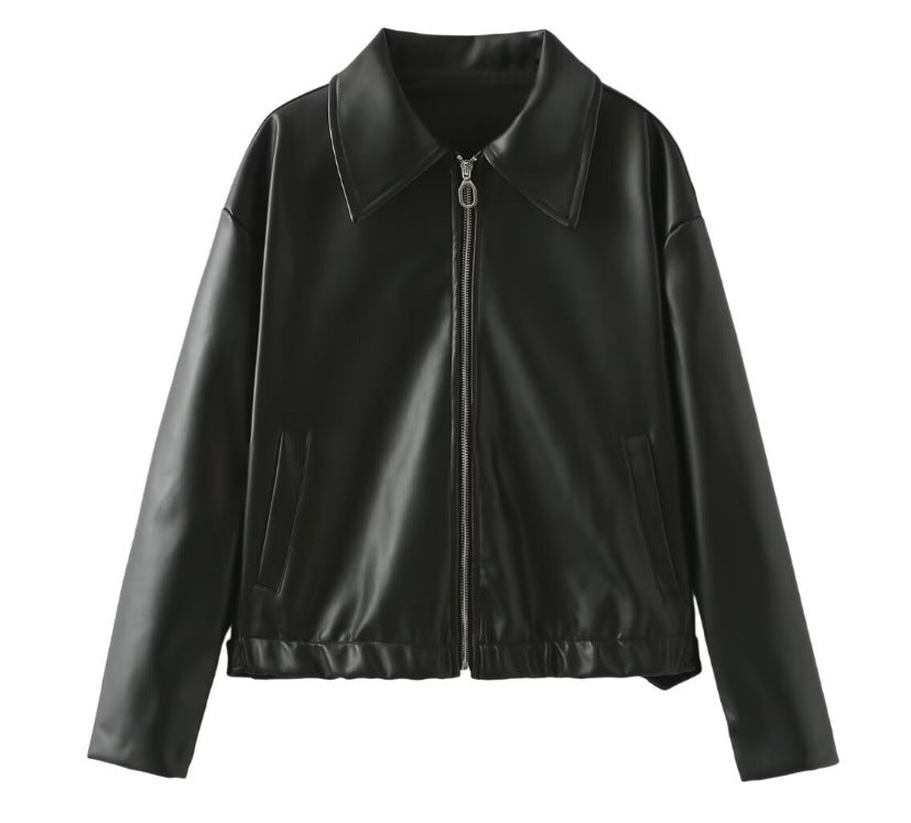 Damen 500+ leichte oversize Kunstleder‑Blousonjacke mit Hemdkragen, Reißverschluss und elastischem Saum Drune