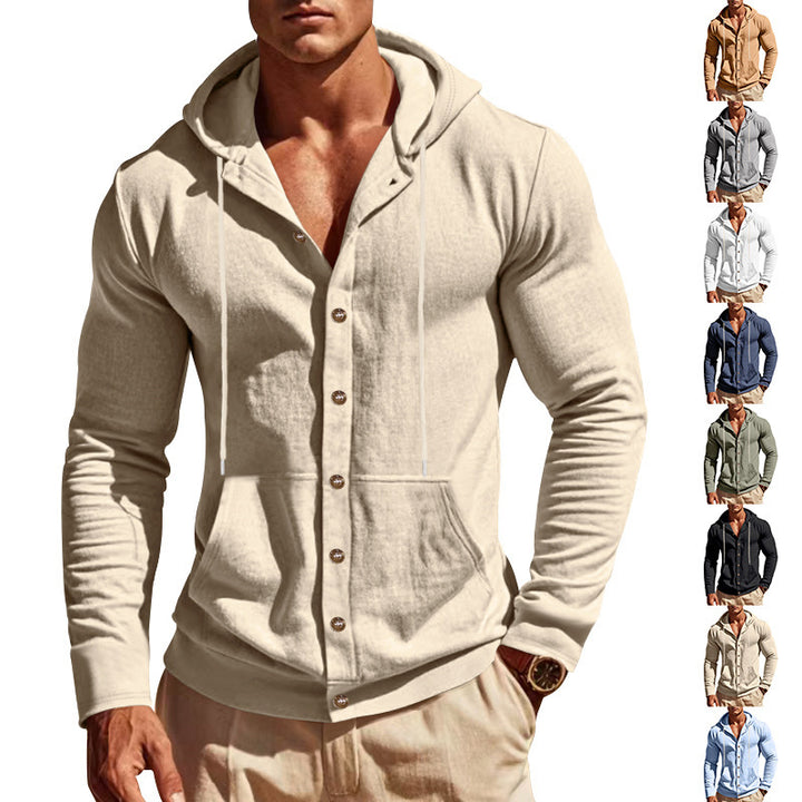 Herren nan Kapuzenknopfjacke aus Baumwollmischung slim fit mit Kängurutasche Drune