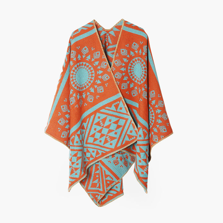Damen Gewebter Oversize-Capeponcho mit aztekischem Jacquardmuster und dekorativer Kettelkante Drune
