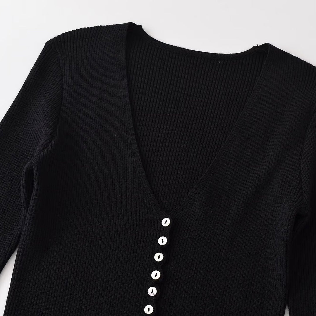 Damen Gerippter Knopfcardigan mit tiefem V-Ausschnitt und Wellensaum Drune