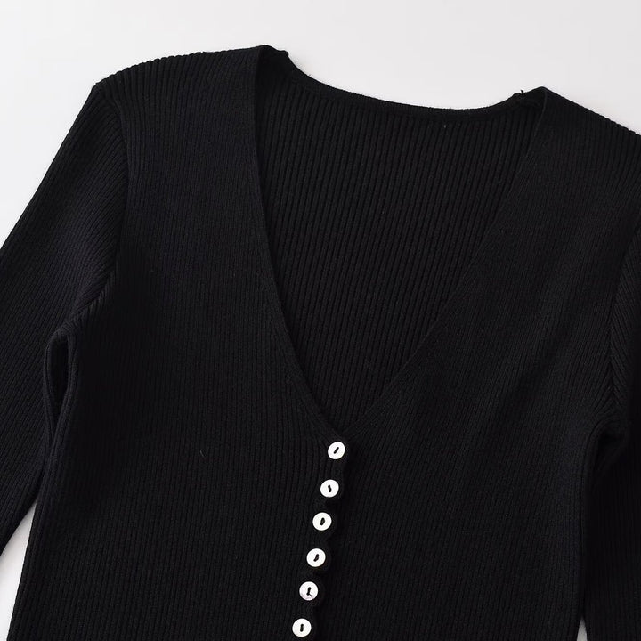 Damen Gerippter Knopfcardigan mit tiefem V-Ausschnitt und Wellensaum Drune