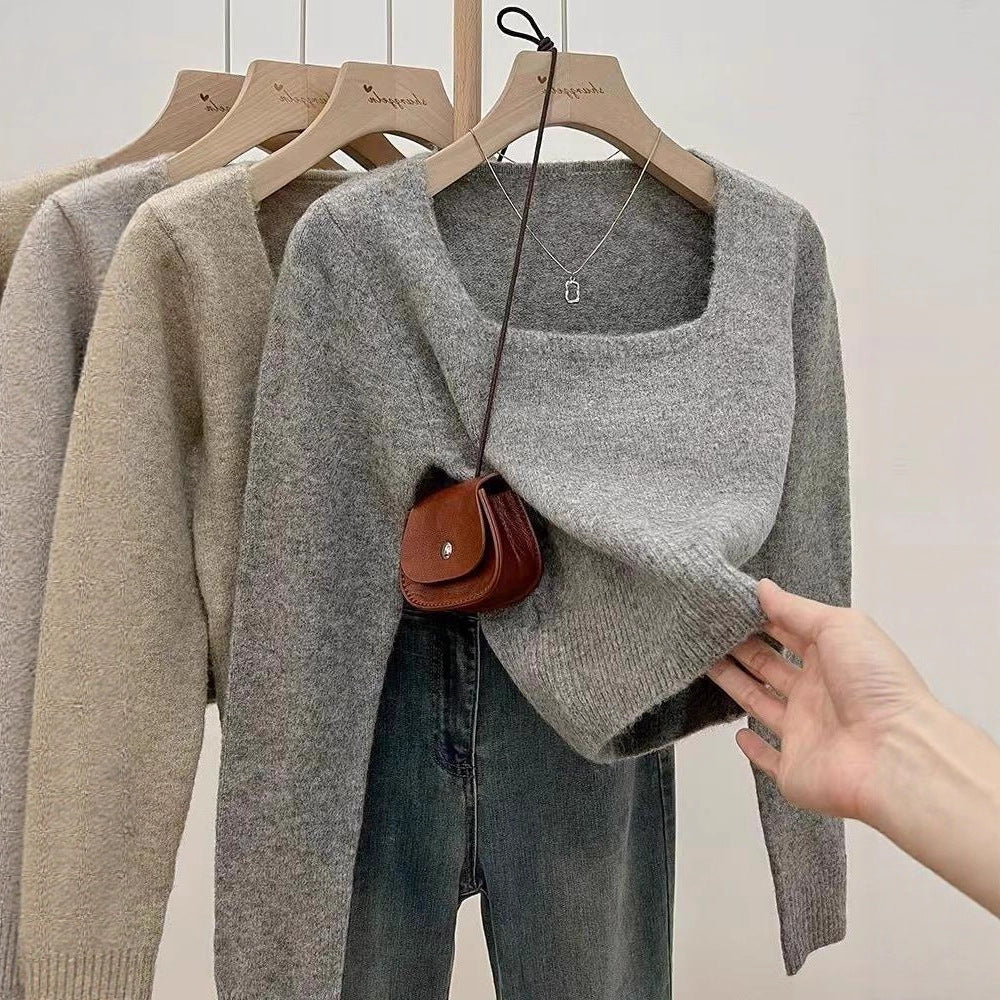 Damen lässiger Pullover mit quadratischem Ausschnitt und feiner Textur Drune