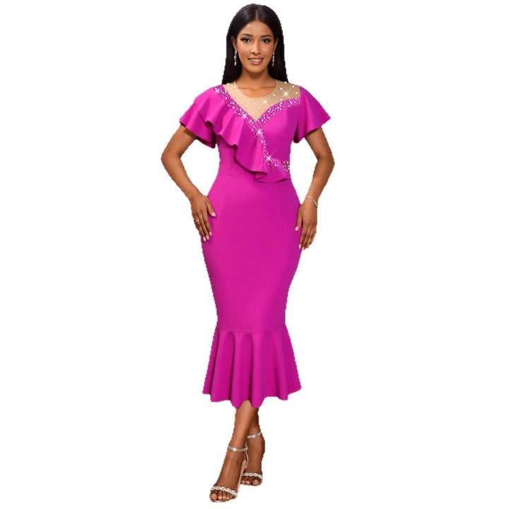 Damen figurbetontes Abendkleid mit asymmetrischem Rüschendetail und elegantem Wasserfallausschnitt Drune