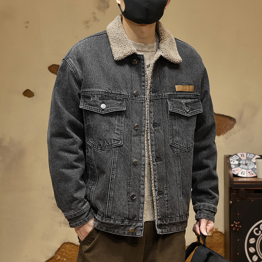 Herren Gemütliche Denimjacke mit Kunstfellkragen Drune