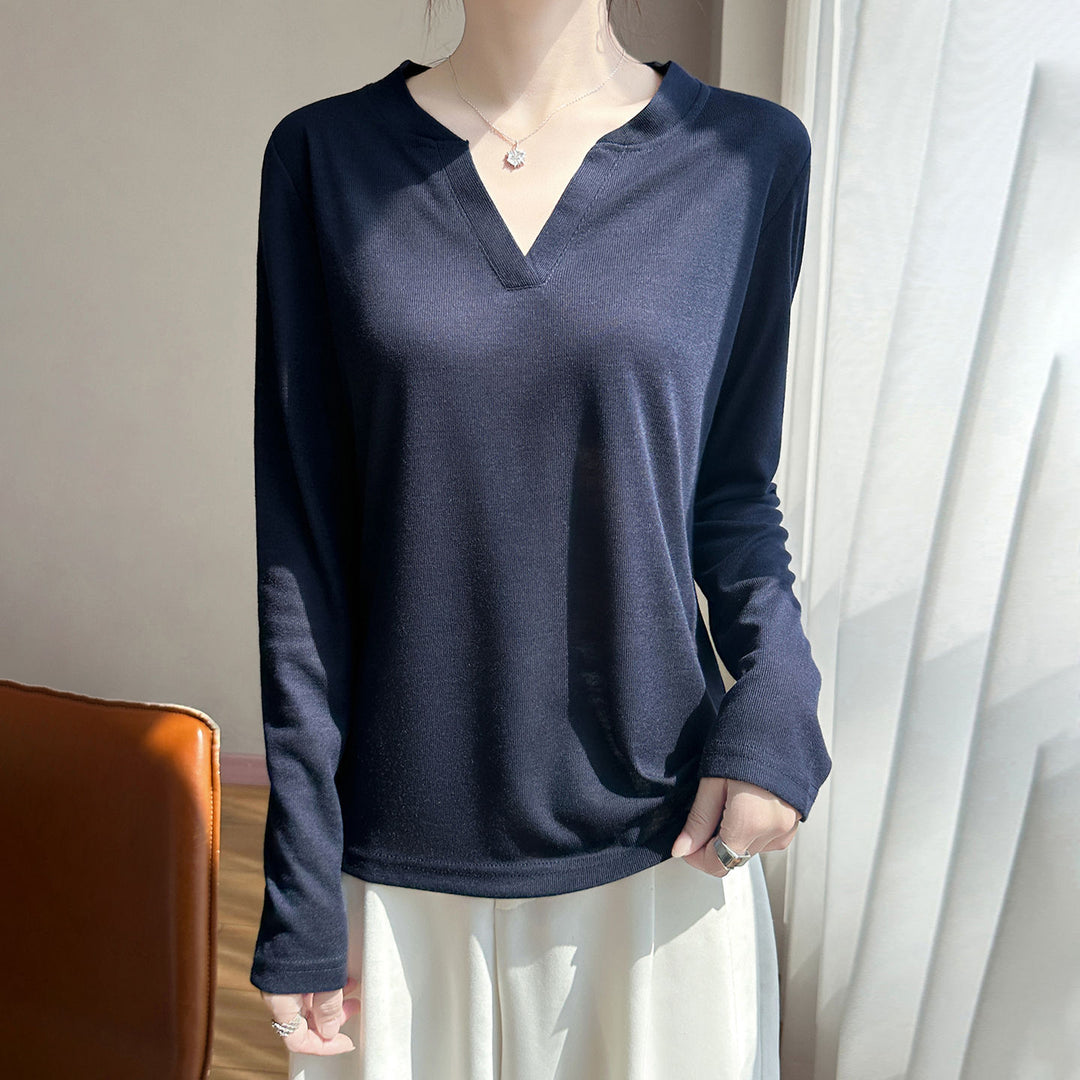 Damen Langärmliges Feinstrickshirt mit geschlitztem V-Kragen Drune