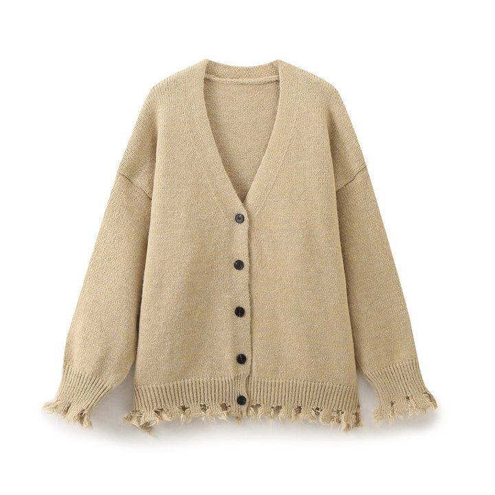 Damen lässige Strickjacke mit fransigem Saum und knöpfbarem Verschluss Drune