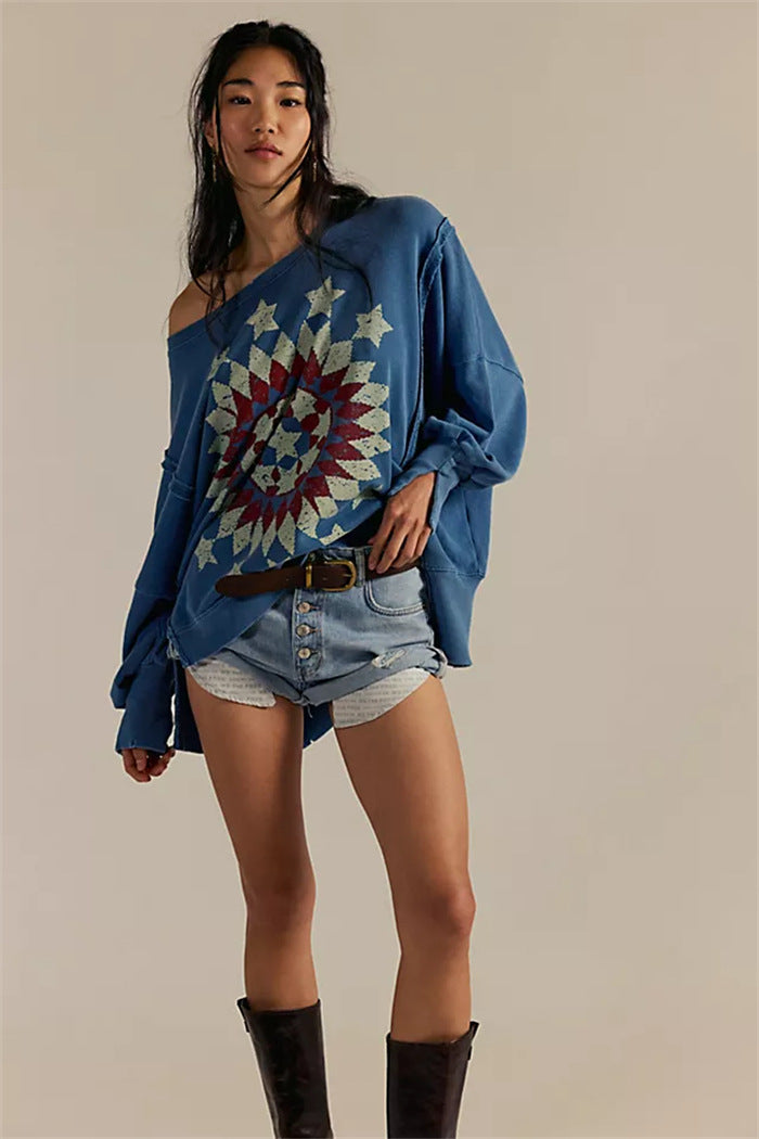 Damen oversized Sweatshirt mit Rüben-Print, ausgefransten Nahtakzenten und Daumenlochärmeln Drune