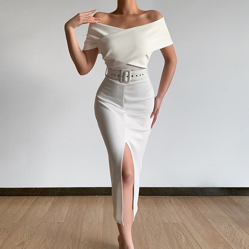 Damen Figurbetontes Abendkleid mit schulterfreiem Design und asymmetrischem Schlitz Drune