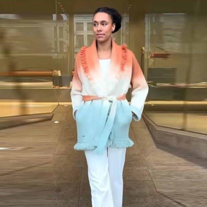 Damen Farbverlauf-Strickcardigan mit Fransen und Schalkragen Drune