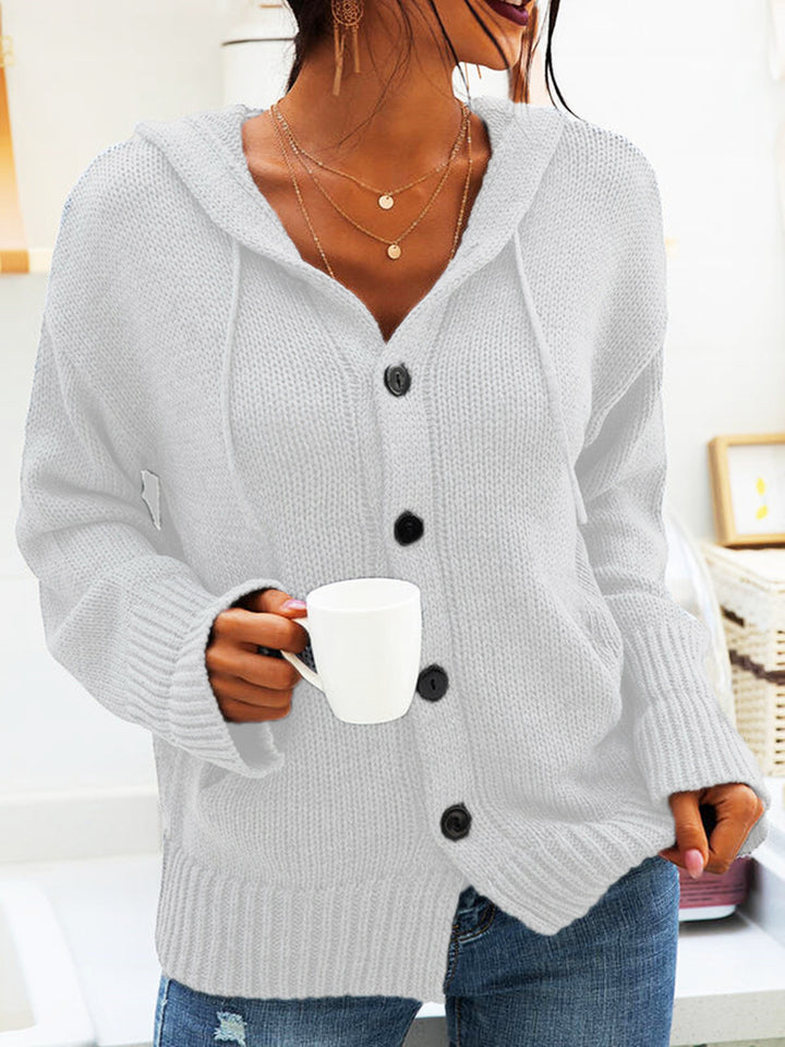 Damen Grobstrickcardigan mit Kapuze und großen Knöpfen Drune