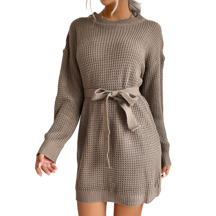 Damen Feines Waffelstrick-Minikleid mit Bindegürtel und überschnittenen Ärmeln Drune