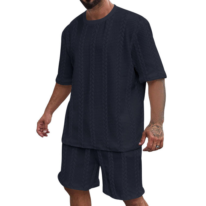 Herren nan entspanntes Zopfstrick-Freizeitset mit weitem Kurzarmshirt und elastischer Bermuda Drune