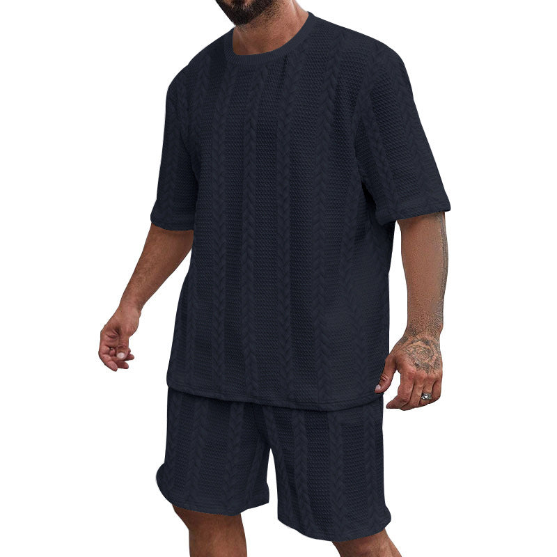 Herren nan entspanntes Zopfstrick-Freizeitset mit weitem Kurzarmshirt und elastischer Bermuda Drune