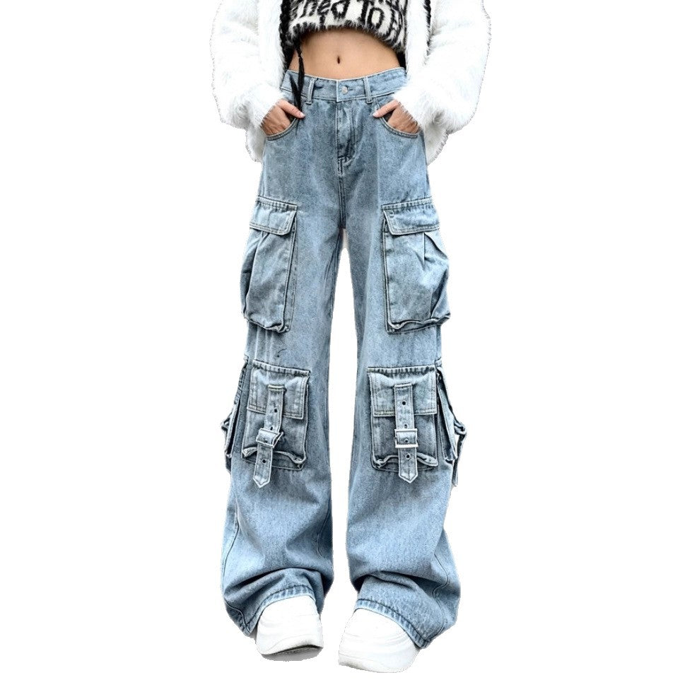 Damen Weite Cargo-Jeanshose mit mehreren aufgesetzten Taschen und Utility-Details Drune