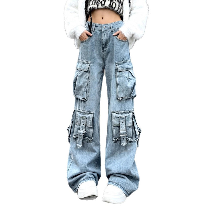 Damen Weite Cargo-Jeanshose mit mehreren aufgesetzten Taschen und Utility-Details Drune
