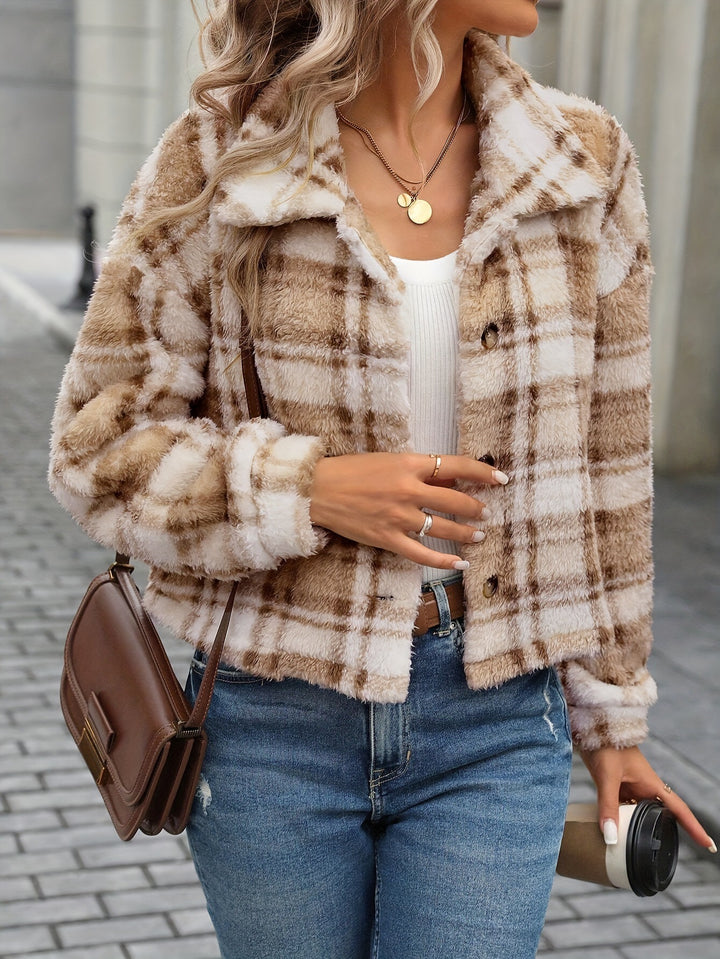 Damen Kuscheljacke mit Karomuster und weichem Teddyfell Drune