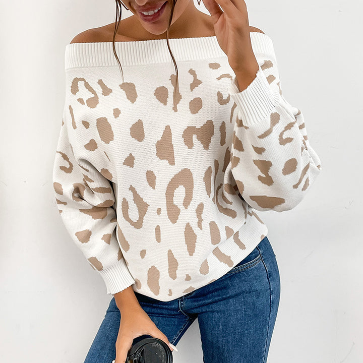 Damen Oversize-Schulterfreier Feinstrickpullover mit Animal-Jacquard und breitem Umschlagkragen Drune