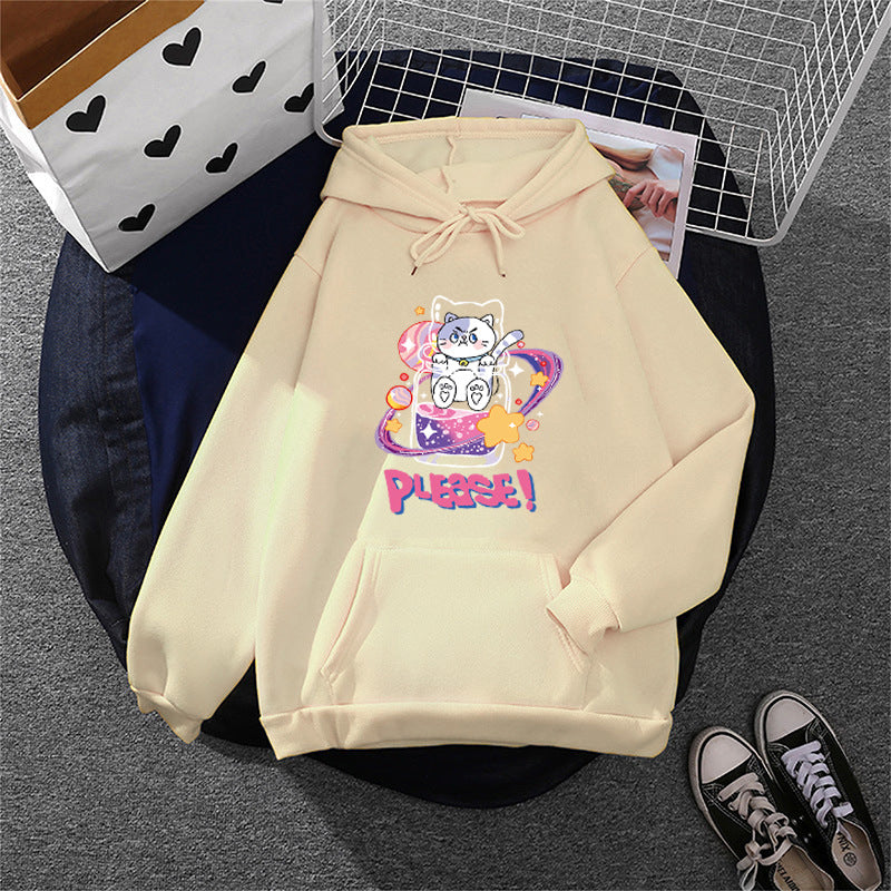 Damen nan oversized Kapuzenpullover im Streetstyle mit weichem Fleece-Innenfutter, Kängurutasche und farbenfrohem Cartoon-Katzen-Planet-Print Drune