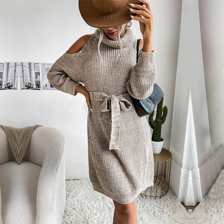 Damen Schulterfreies Rollkragen-Strickkleid mit Taillengürtel Drune