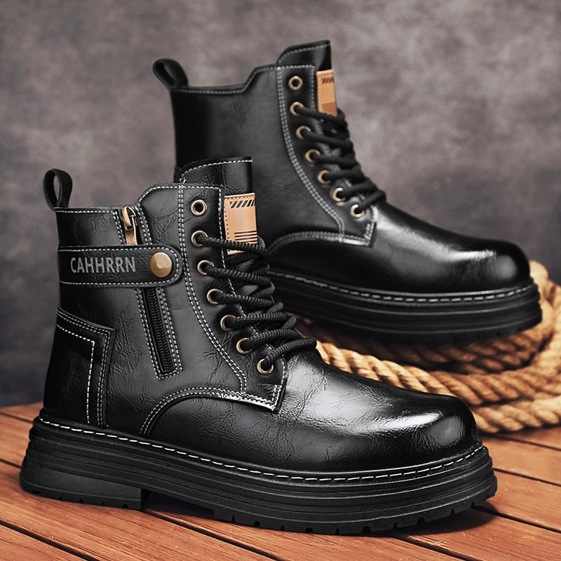 Herren robuste Lederoptik Combat-Boots mit seitlichem Reißverschluss und gepolsterter Plateausohle Drune