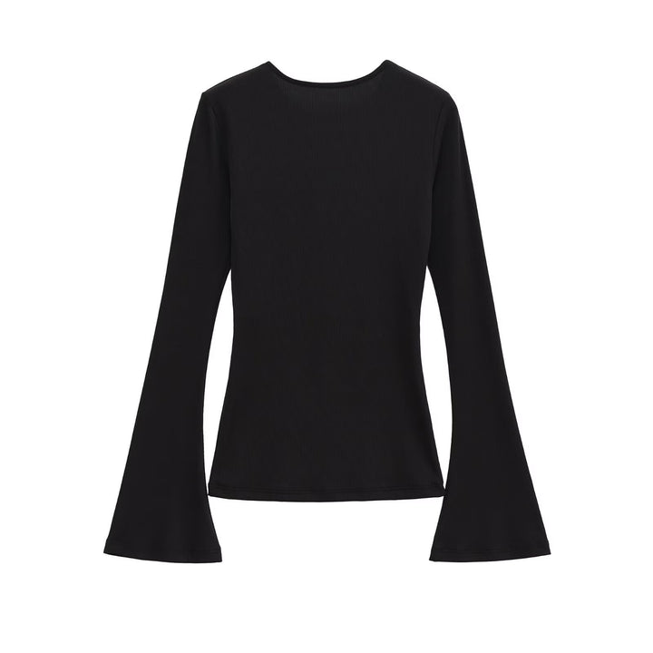 Damen Figurbetontes Rippshirt mit Carmenausschnitt und ausgestellten Schlagärmeln Drune