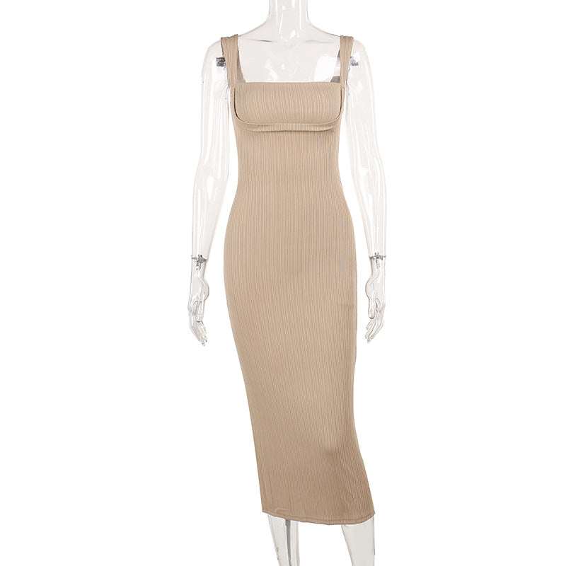 Damen figurbetontes Midi-Kleid mit quadratischem Ausschnitt und feinen Rippdetails Drune